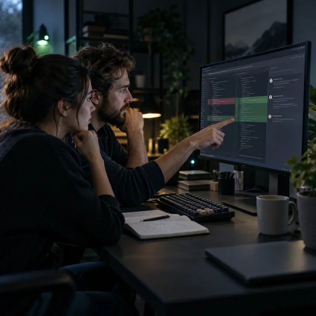 Two developers share one desk and one mechanical keyboard, a code review diff open on screen with comments already stacking up beside the notes.