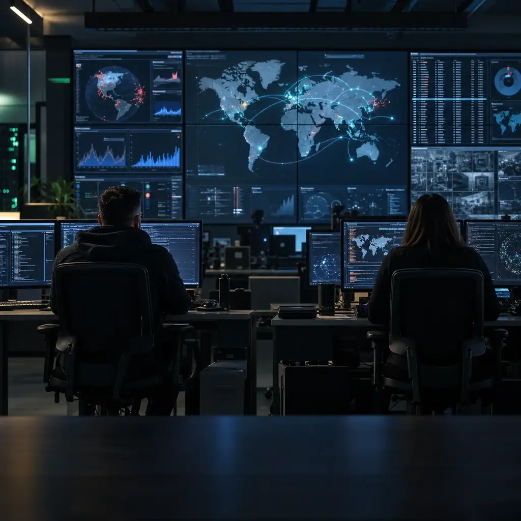 A security operations centre seen from the back of the room, a wall of dashboards and a world map glowing over two analysts at their desks.