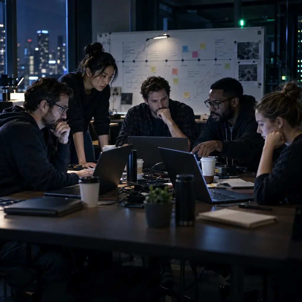 An incident war room at night: five people around a table of open laptops, a whiteboard timeline behind them, and enough takeaway cups to date the outage.