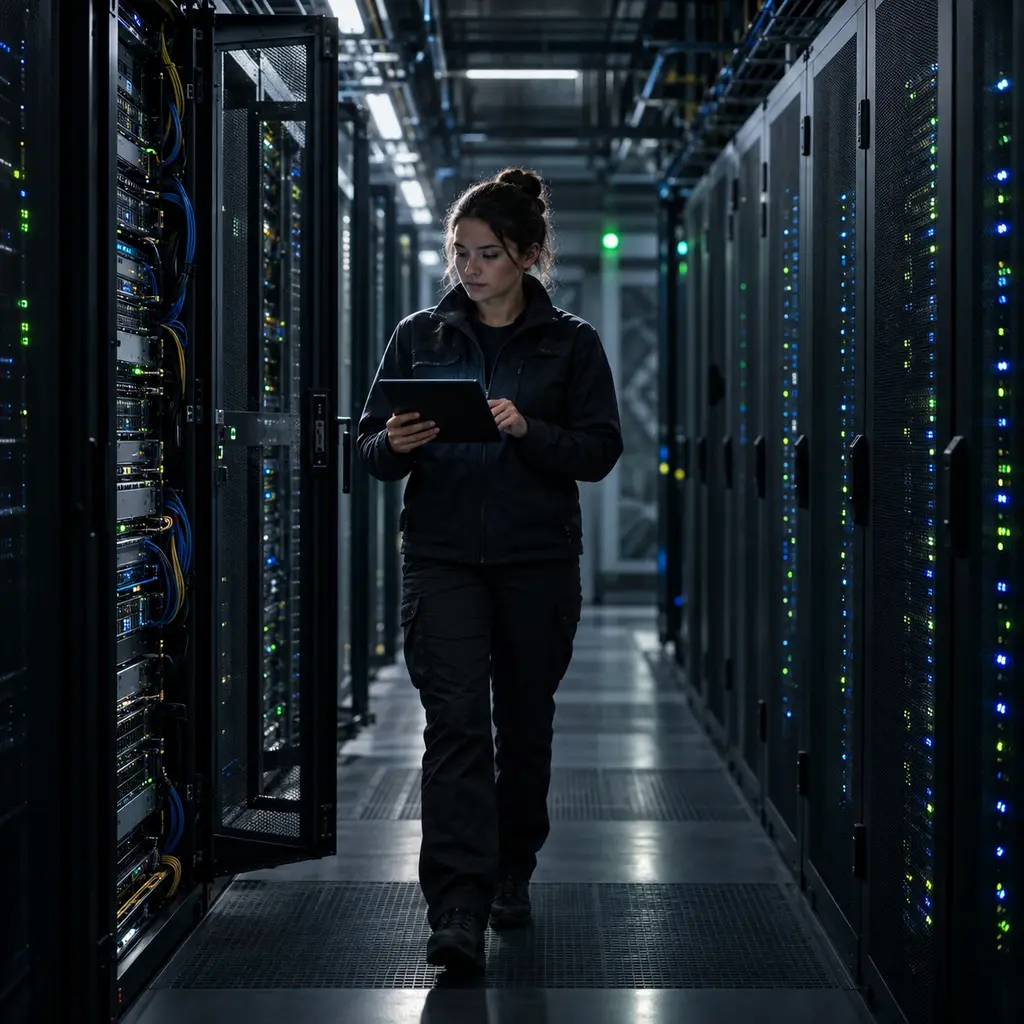 A technician walks the cold aisle of a data centre with a tablet, rack doors open on one side and rows of status lights receding into the dark.